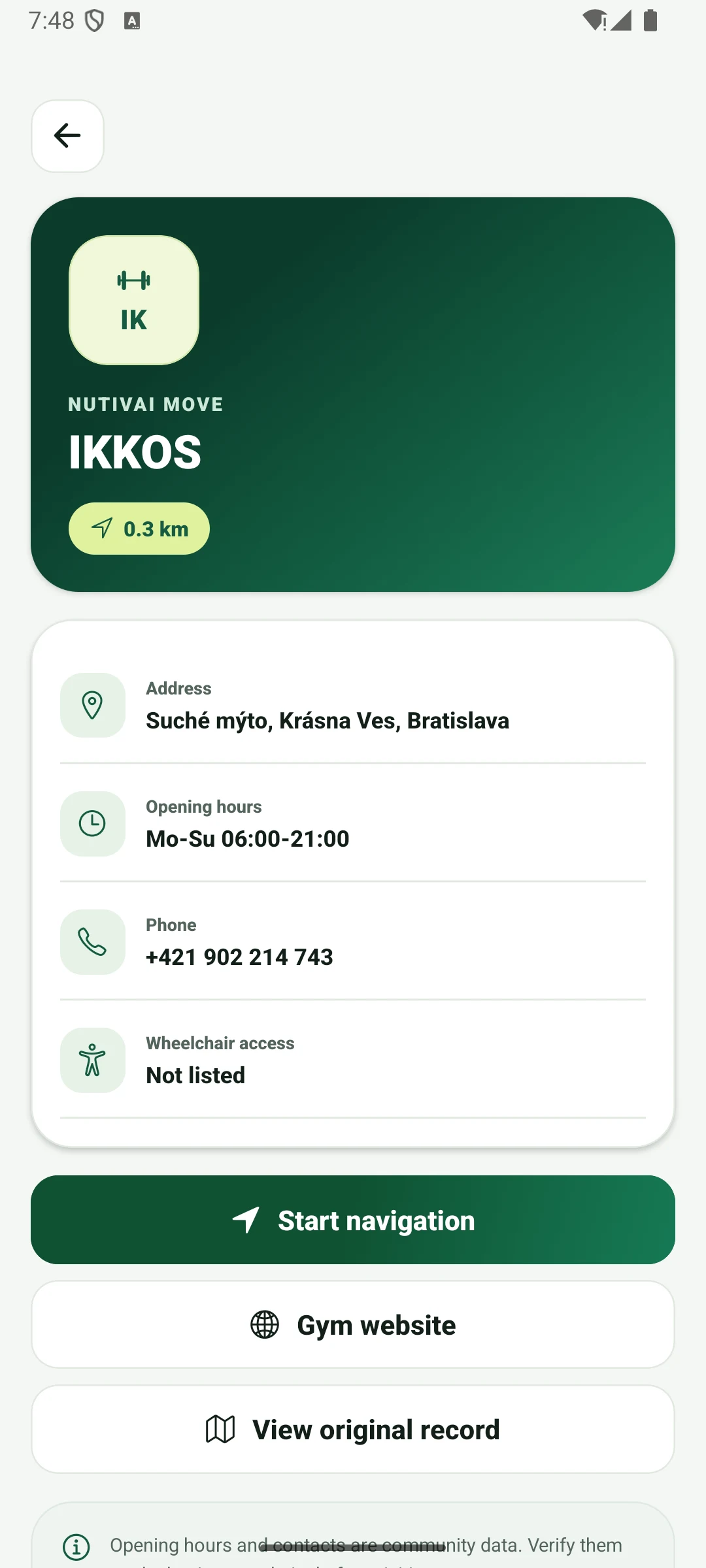 NutivAI gym detail showing address and navigation