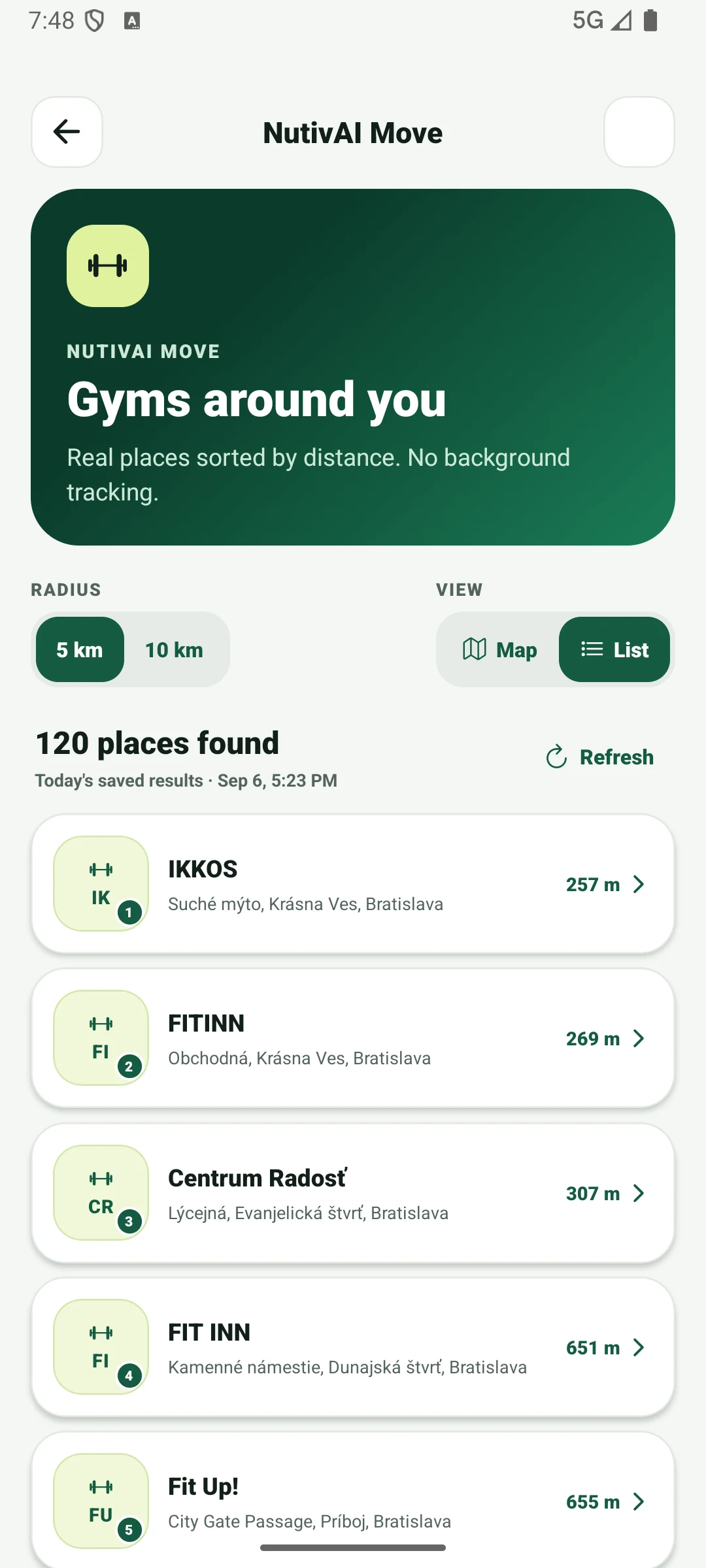NutivAI nearby gym list with distances and addresses