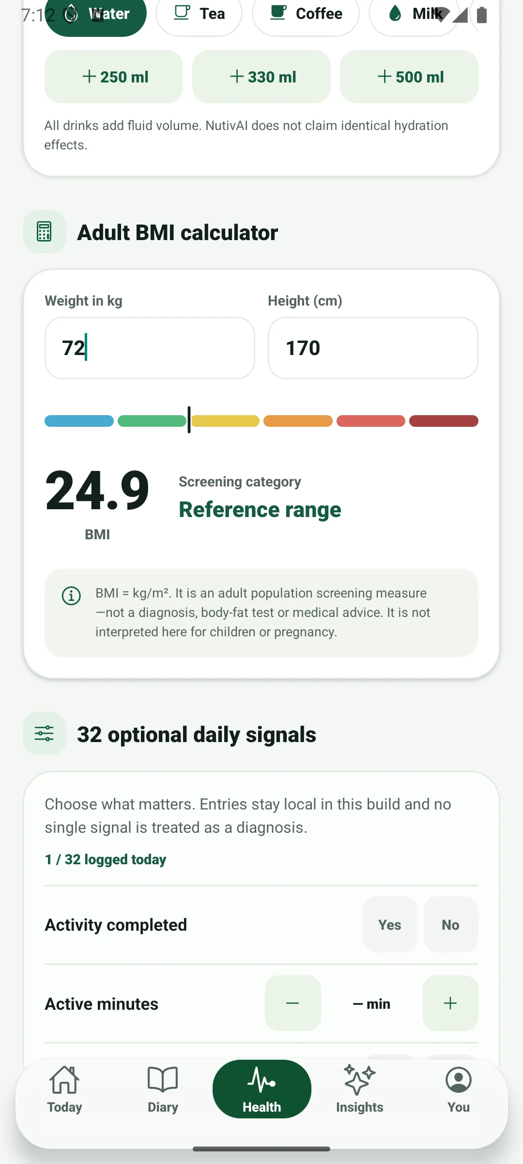 NutivAI health dashboard with hydration weight BMI and wellness signals