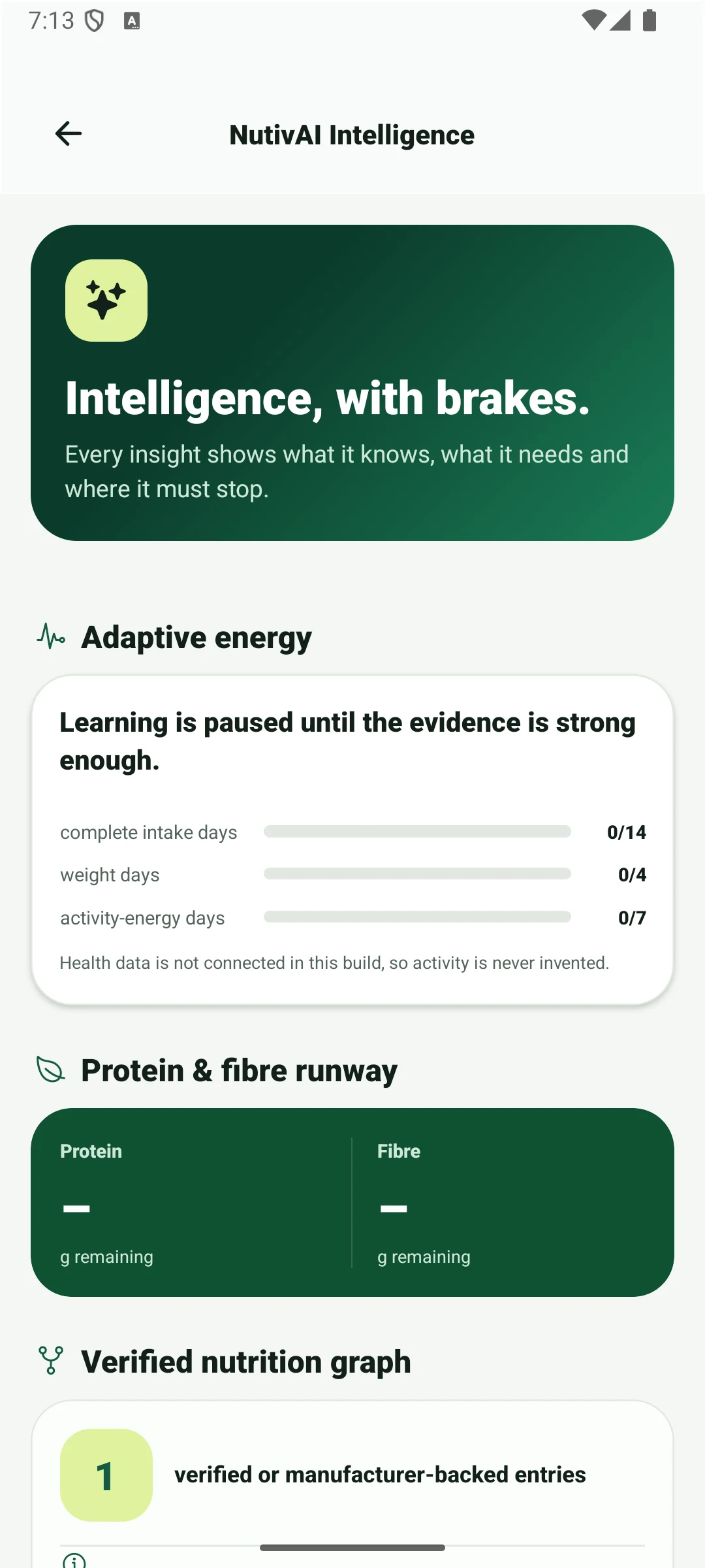 NutivAI intelligence view with evidence-gated nutrition patterns