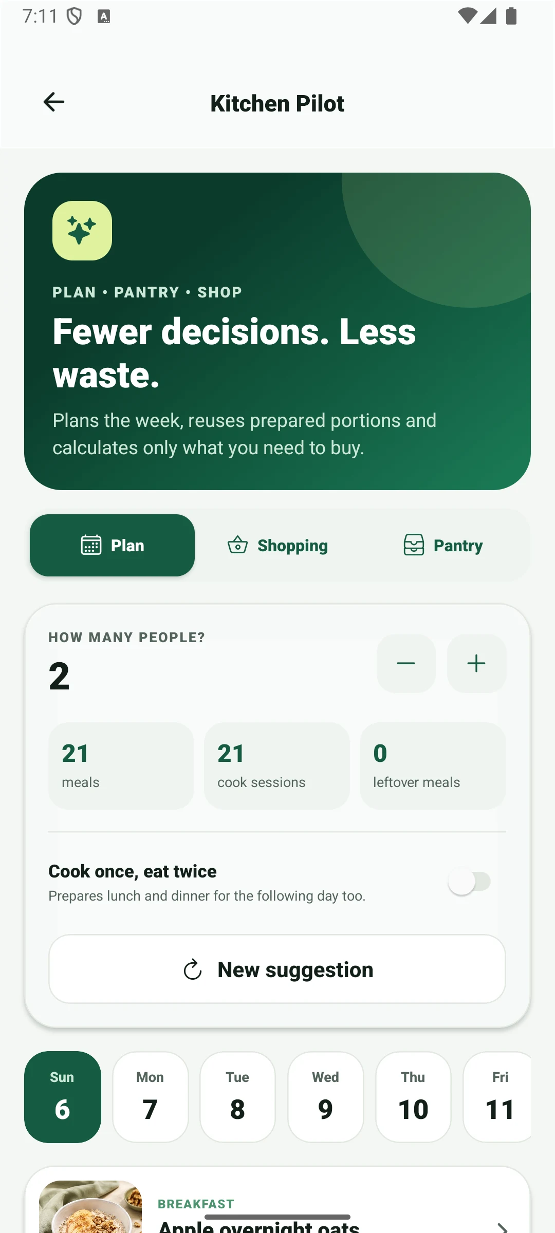 NutivAI seven day Kitchen Pilot meal planner
