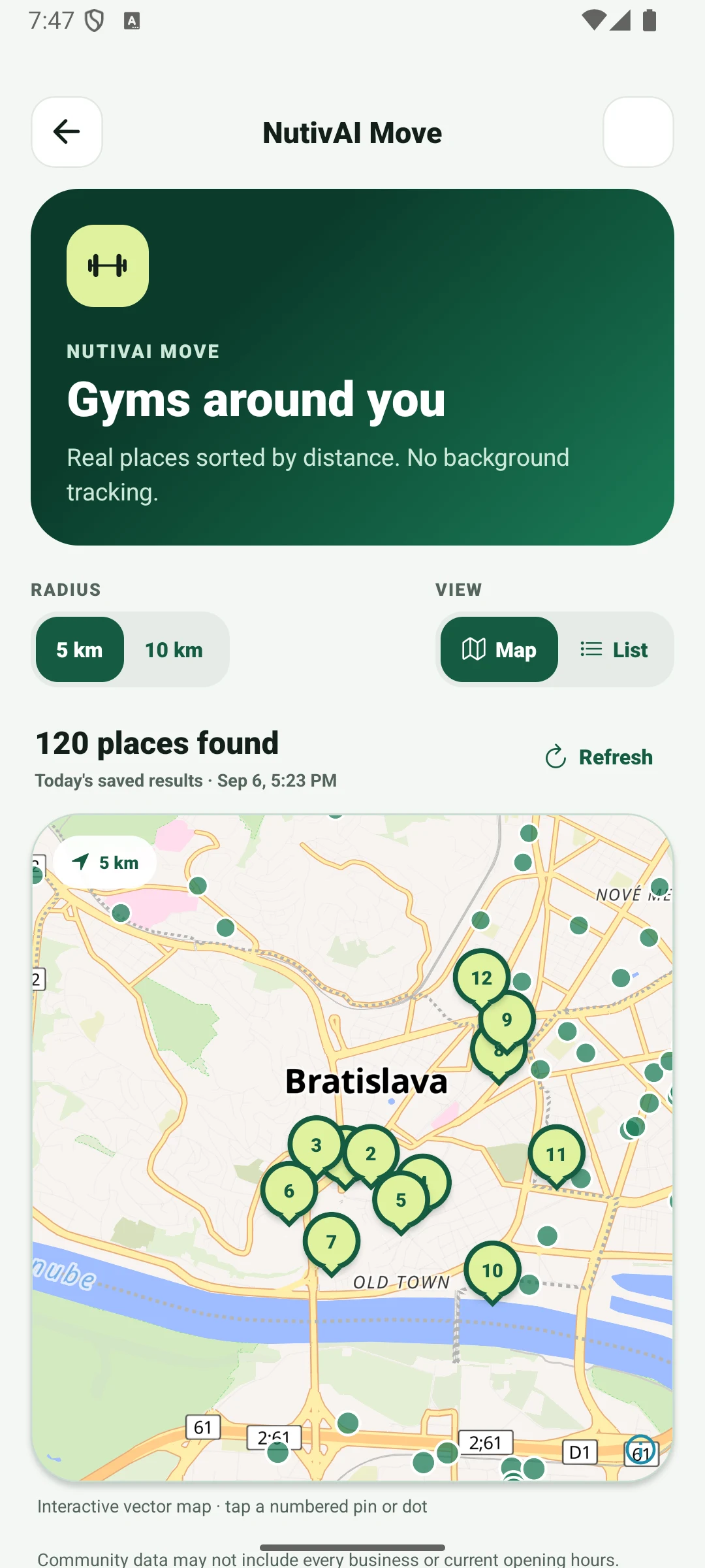 NutivAI real street map showing nearby fitness locations