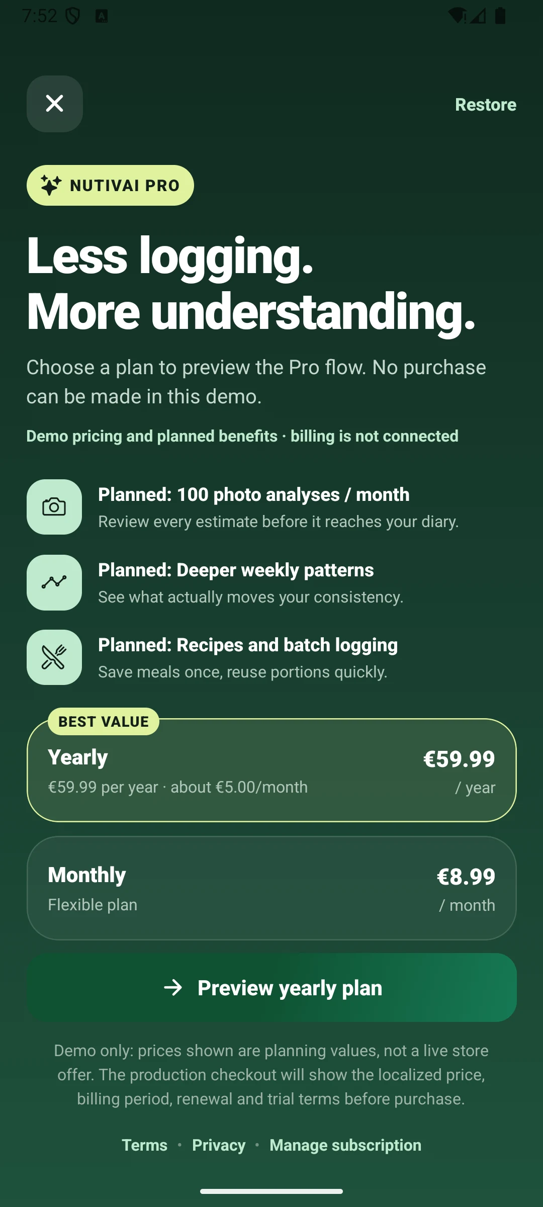 NutivAI subscription planning screen clearly labelled as demo