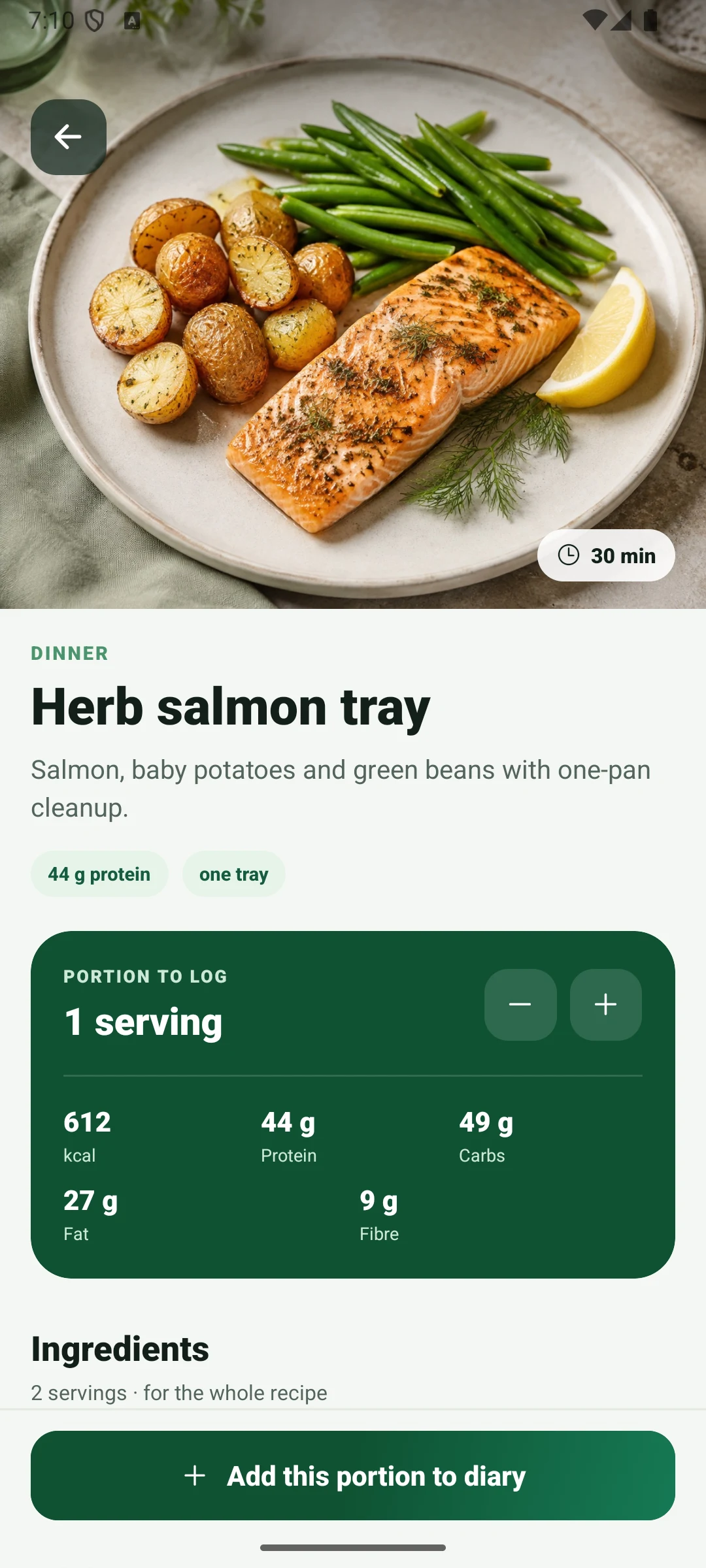 NutivAI recipe detail with ingredients nutrition and diary action